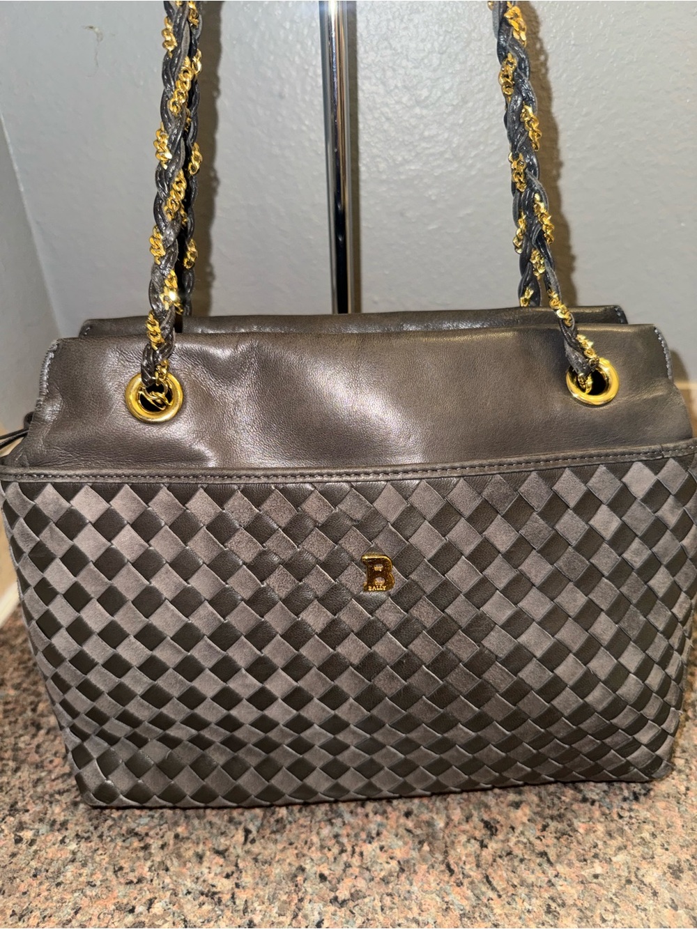 Bally Woven Leather Shoulder Bag in charcoal Gray EUC